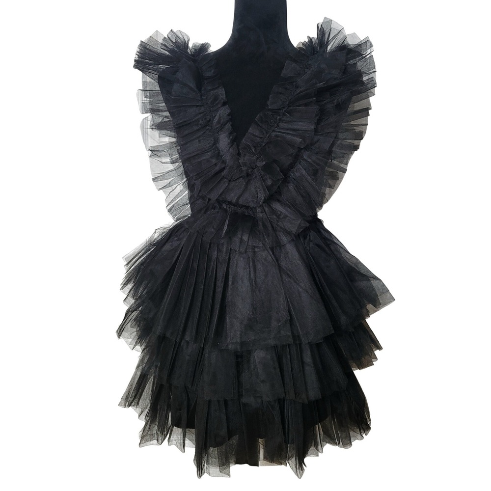 Mable Black Tulle Ruffle Tiered Mini Dress Sleeveless V-Neck‎ Small
